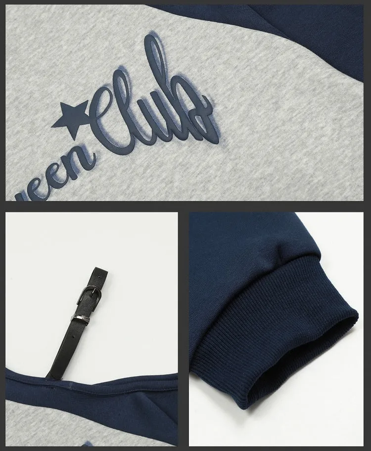 Red/Blue Letters Print Colorblock Design Cutout Shoulder Hoodie