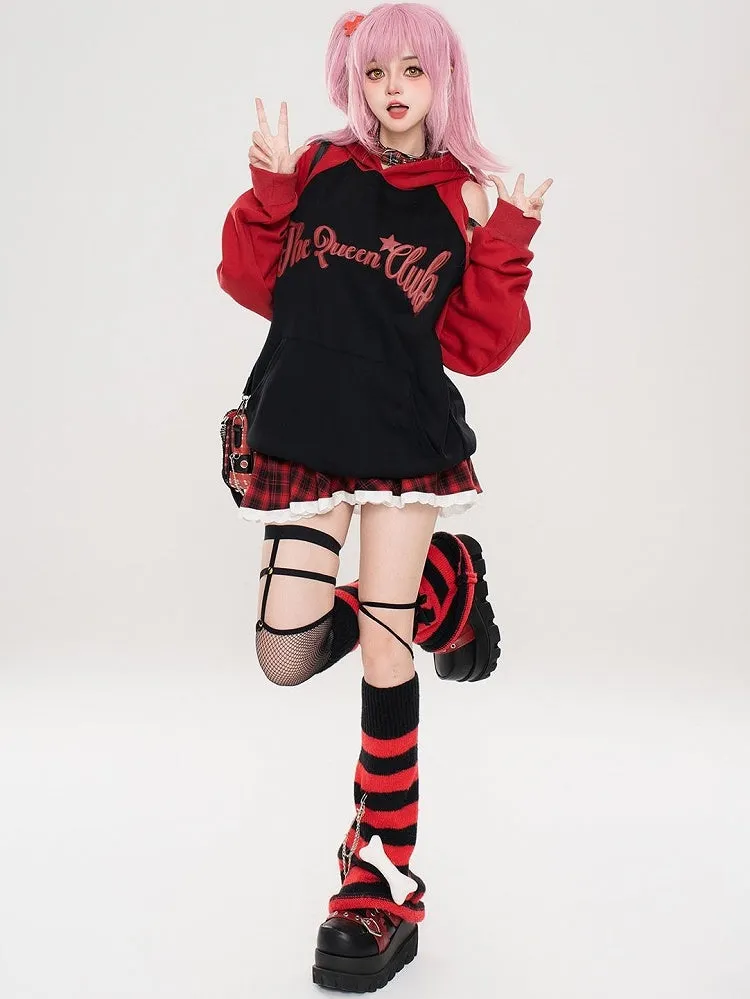 Red/Blue Letters Print Colorblock Design Cutout Shoulder Hoodie