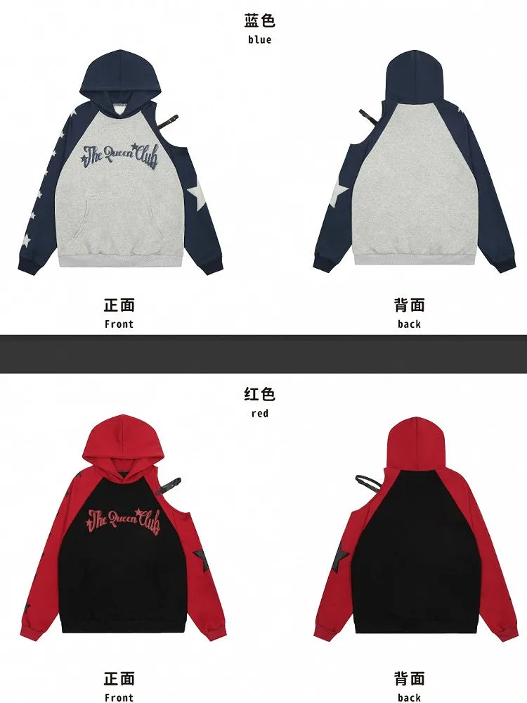 Red/Blue Letters Print Colorblock Design Cutout Shoulder Hoodie