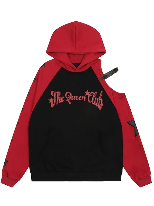 Red/Blue Letters Print Colorblock Design Cutout Shoulder Hoodie