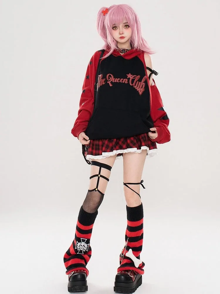 Red/Blue Letters Print Colorblock Design Cutout Shoulder Hoodie