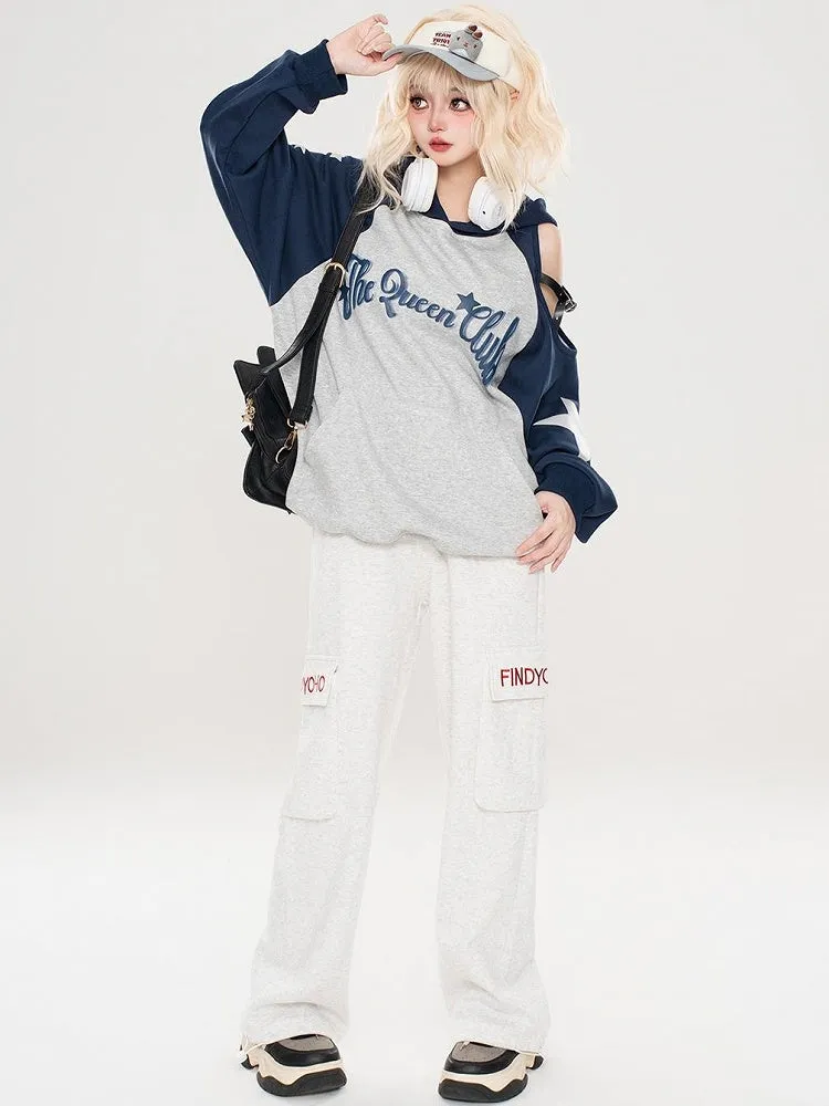 Red/Blue Letters Print Colorblock Design Cutout Shoulder Hoodie