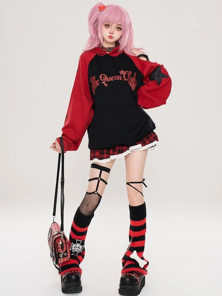 Red/Blue Letters Print Colorblock Design Cutout Shoulder Hoodie