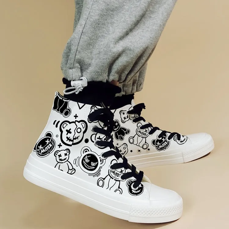 Retro Cartoon Bear Graffiti High-Top Canvas Shoes