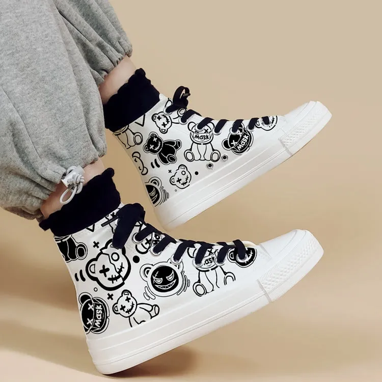 Retro Cartoon Bear Graffiti High-Top Canvas Shoes