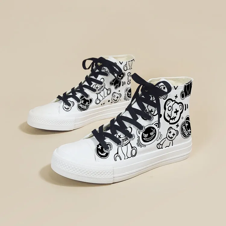 Retro Cartoon Bear Graffiti High-Top Canvas Shoes