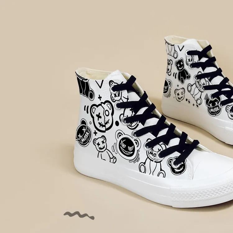 Retro Cartoon Bear Graffiti High-Top Canvas Shoes