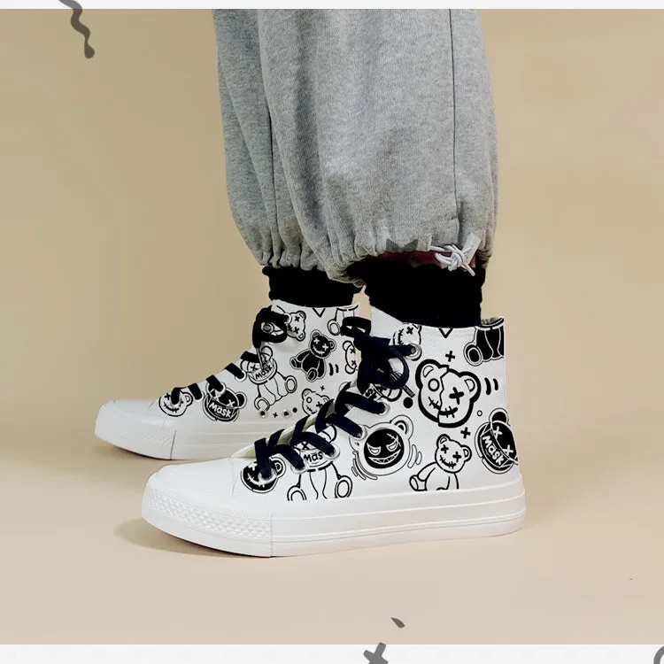 Retro Cartoon Bear Graffiti High-Top Canvas Shoes