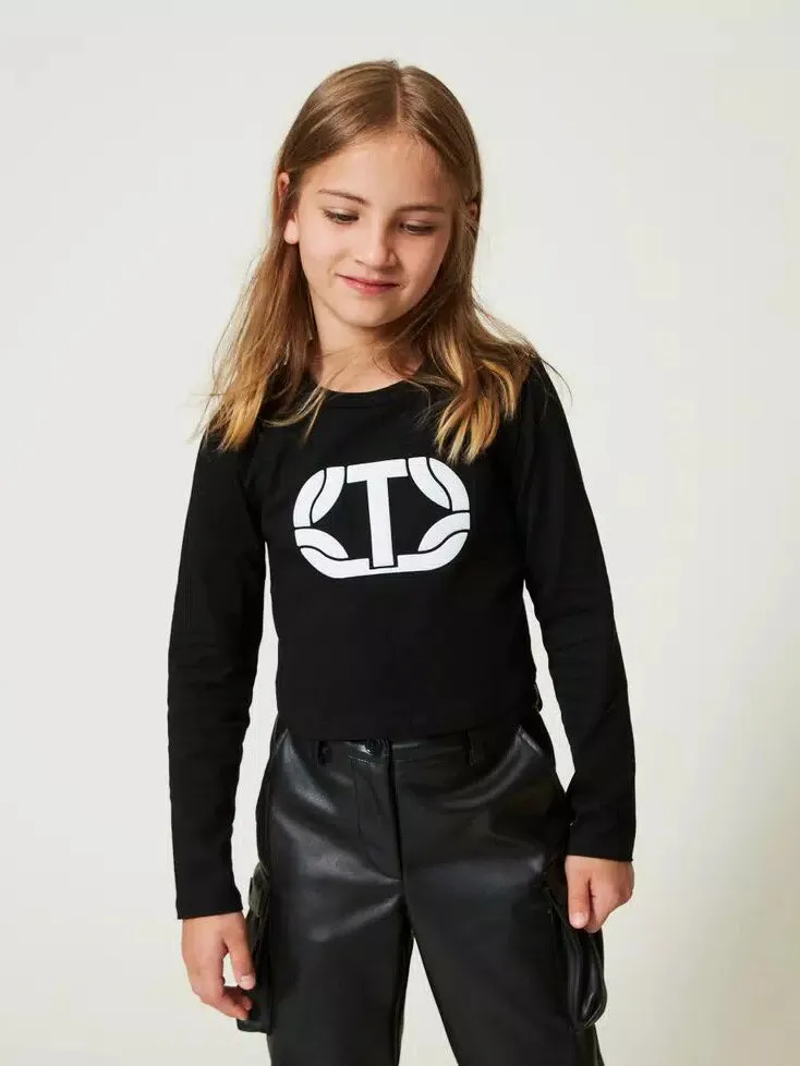 Twinset - Girls’ black cropped t-shirt with logo