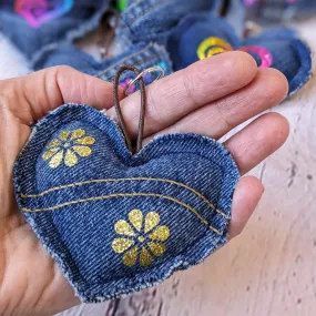 Upcycled Denim Heart Keyring - Twin Flowers