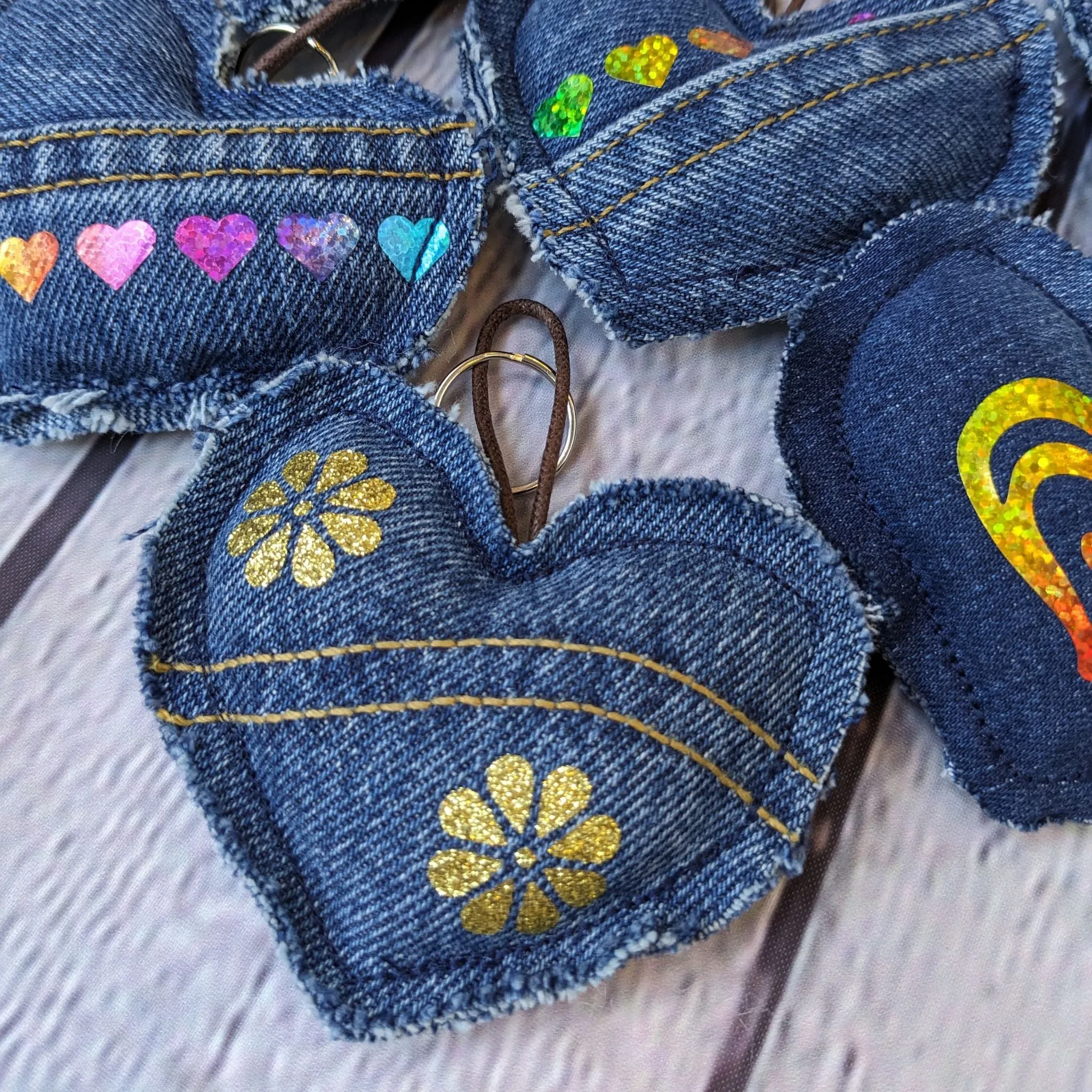 Upcycled Denim Heart Keyring - Twin Flowers