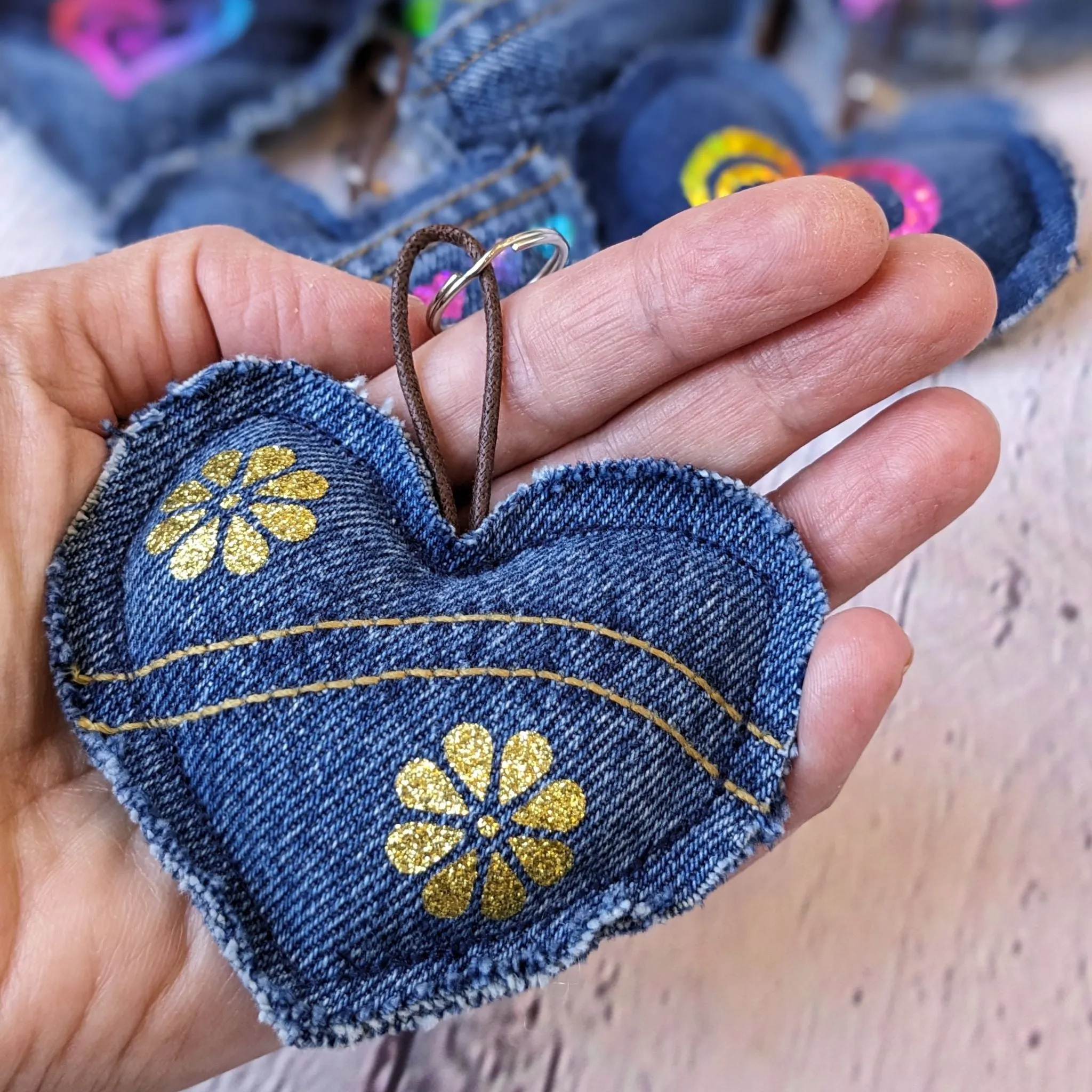 Upcycled Denim Heart Keyring - Twin Flowers