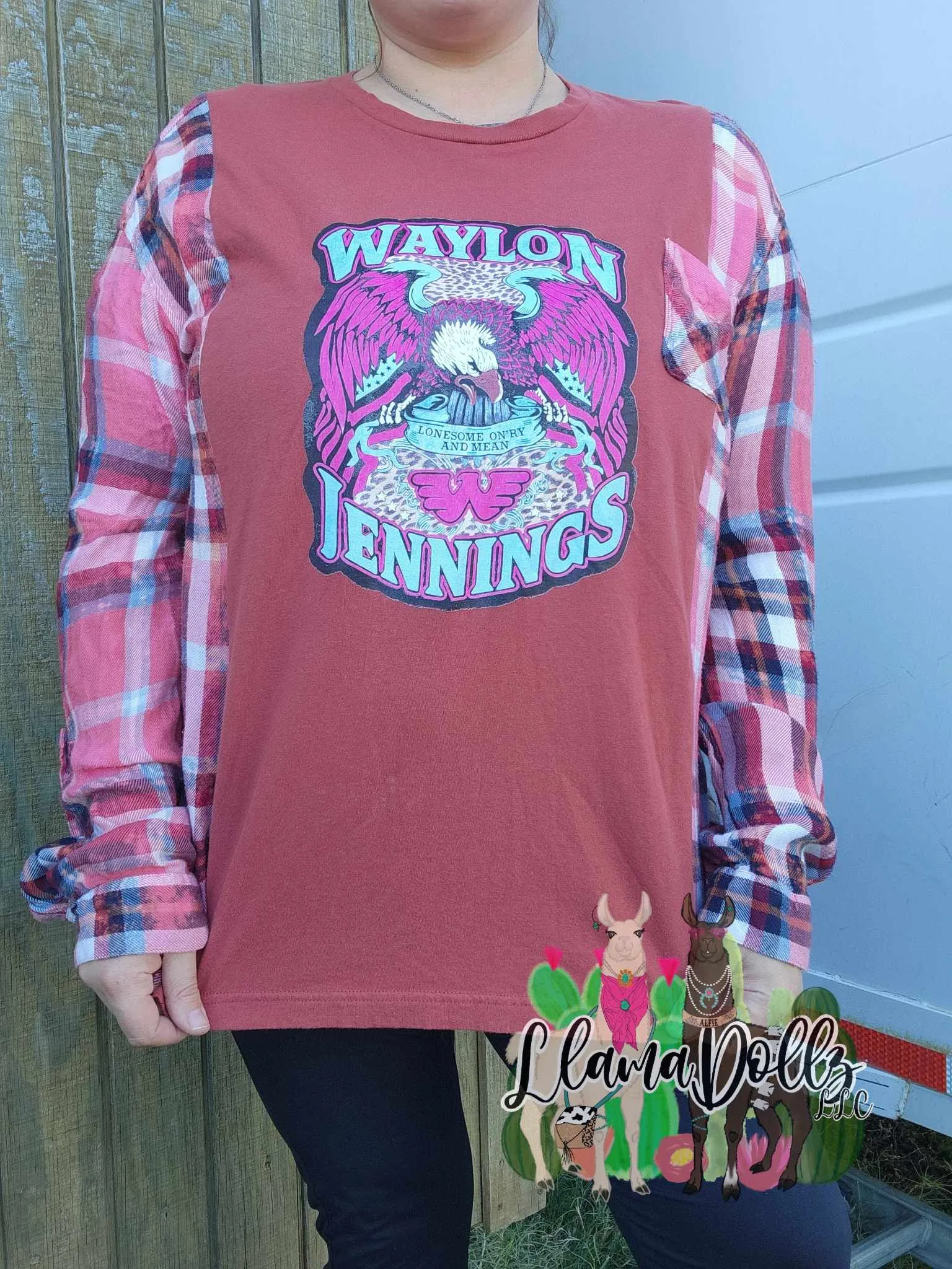 Waylon Jennings Upcycled Tshirt & Flannel Pullover