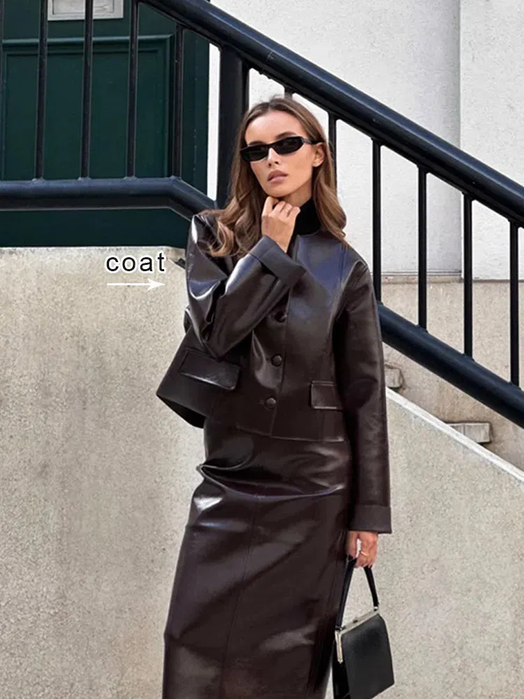 Women Elegant Solid Zipper Short Bomber Leather Chic Lapel Long Sleeves Cropped Jackets 2024 New Female Party Fashion Streetwear