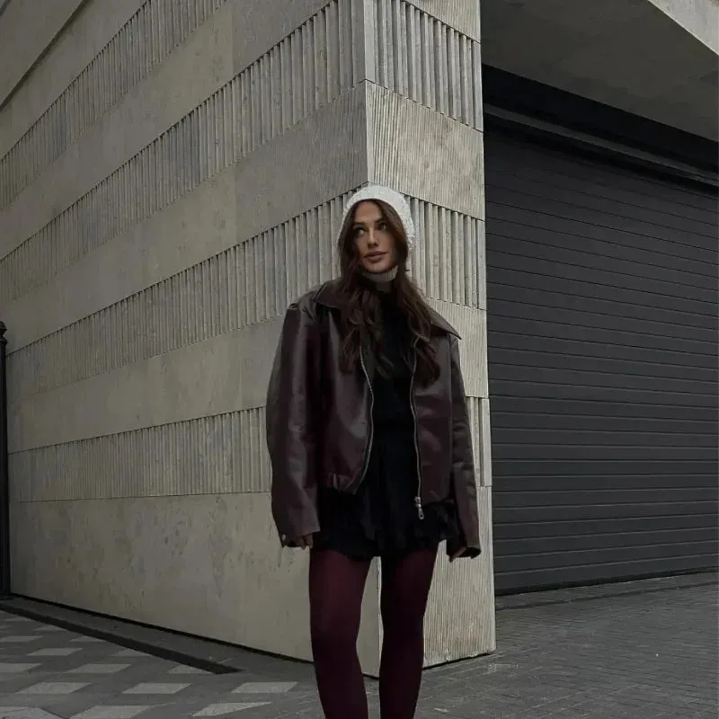 Women Elegant Solid Zipper Short Bomber Leather Chic Lapel Long Sleeves Cropped Jackets 2024 New Female Party Fashion Streetwear