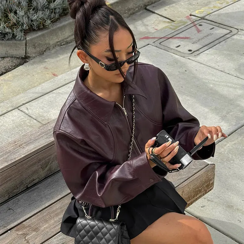 Women Elegant Solid Zipper Short Bomber Leather Chic Lapel Long Sleeves Cropped Jackets 2024 New Female Party Fashion Streetwear
