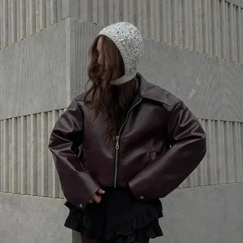 Women Elegant Solid Zipper Short Bomber Leather Chic Lapel Long Sleeves Cropped Jackets 2024 New Female Party Fashion Streetwear