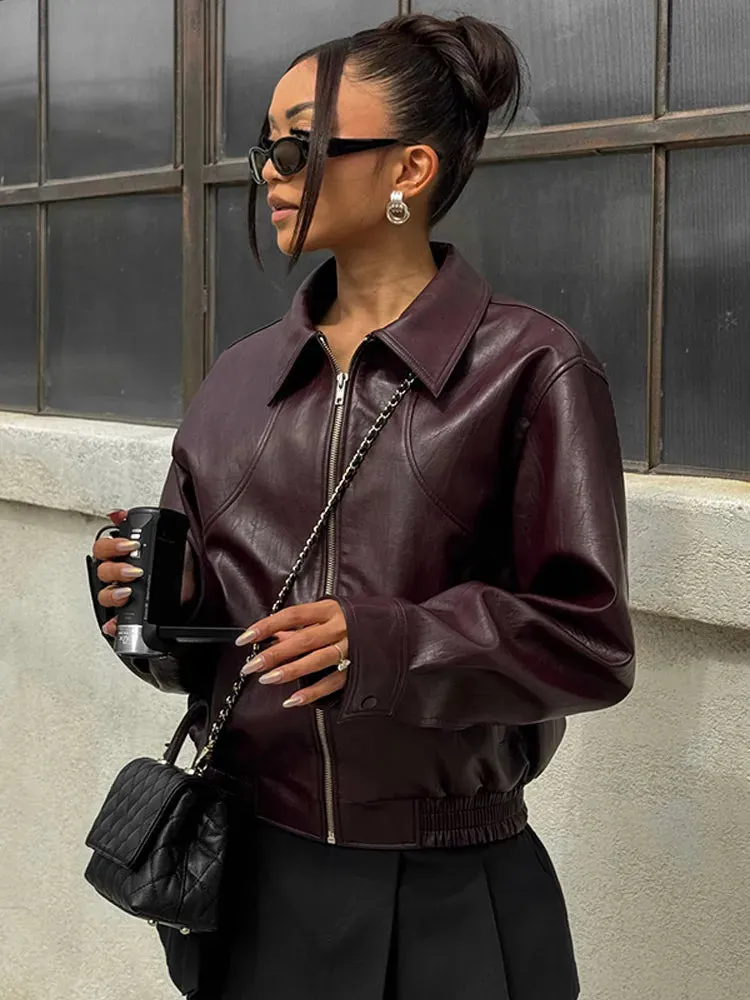 Women Elegant Solid Zipper Short Bomber Leather Chic Lapel Long Sleeves Cropped Jackets 2024 New Female Party Fashion Streetwear