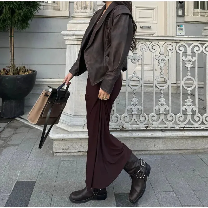 Women Elegant Solid Zipper Short Bomber Leather Chic Lapel Long Sleeves Cropped Jackets 2024 New Female Party Fashion Streetwear