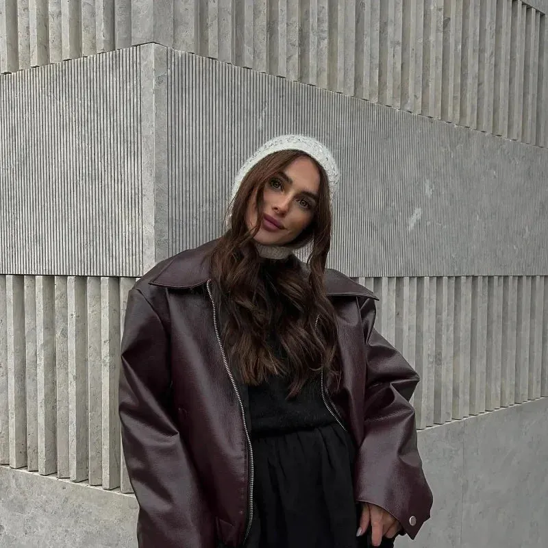 Women Elegant Solid Zipper Short Bomber Leather Chic Lapel Long Sleeves Cropped Jackets 2024 New Female Party Fashion Streetwear