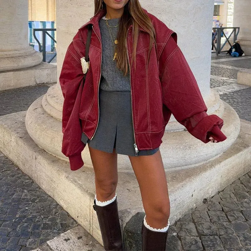 Women Elegant Solid Zipper Short Bomber Leather Chic Lapel Long Sleeves Cropped Jackets 2024 New Female Party Fashion Streetwear