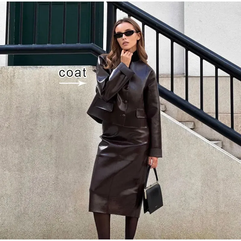 Women Elegant Solid Zipper Short Bomber Leather Chic Lapel Long Sleeves Cropped Jackets 2024 New Female Party Fashion Streetwear