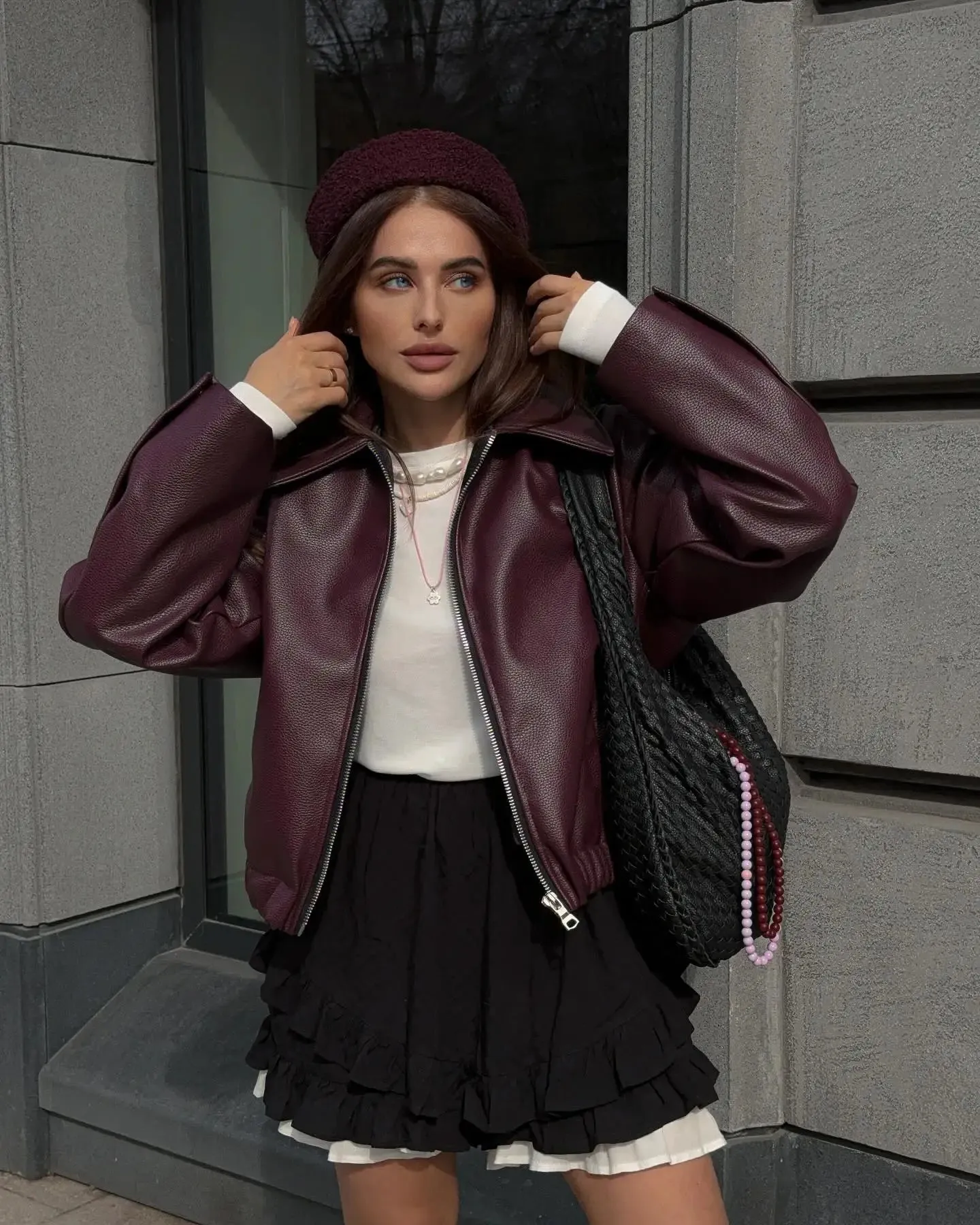 Women Elegant Solid Zipper Short Bomber Leather Chic Lapel Long Sleeves Cropped Jackets 2024 New Female Party Fashion Streetwear