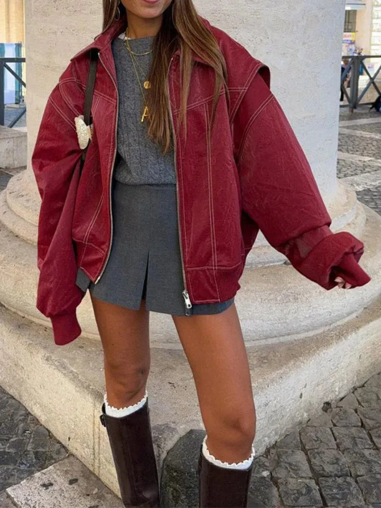 Women Elegant Solid Zipper Short Bomber Leather Chic Lapel Long Sleeves Cropped Jackets 2024 New Female Party Fashion Streetwear