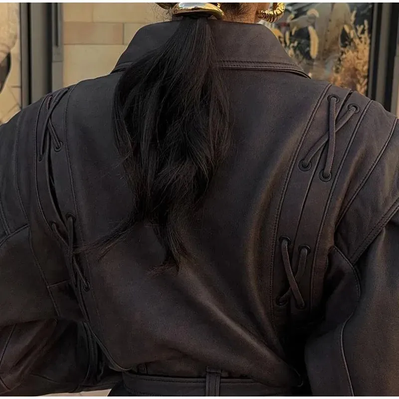 Women Elegant Solid Zipper Short Bomber Leather Chic Lapel Long Sleeves Cropped Jackets 2024 New Female Party Fashion Streetwear