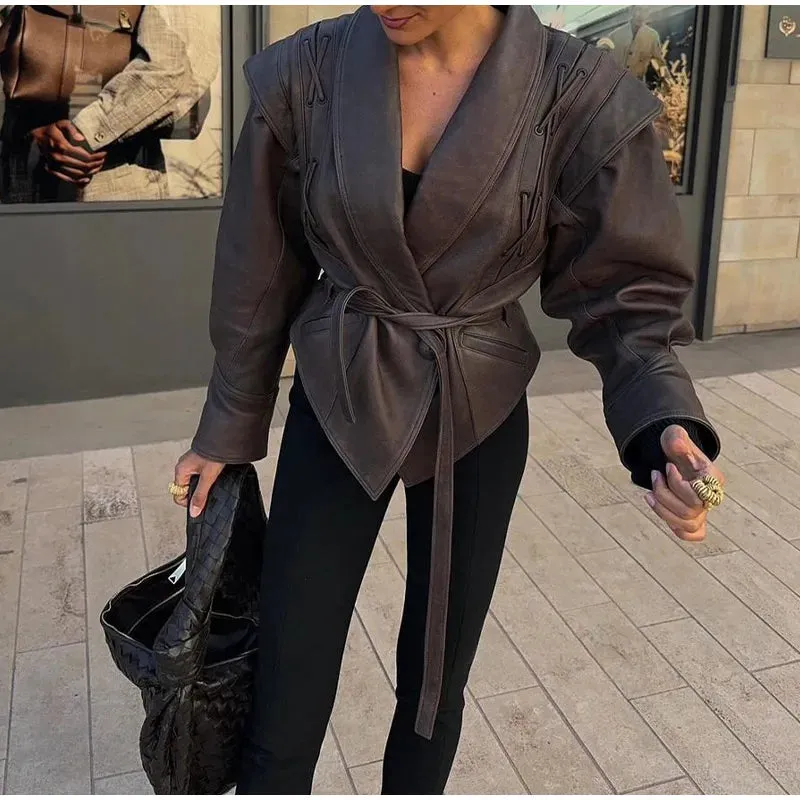 Women Elegant Solid Zipper Short Bomber Leather Chic Lapel Long Sleeves Cropped Jackets 2024 New Female Party Fashion Streetwear