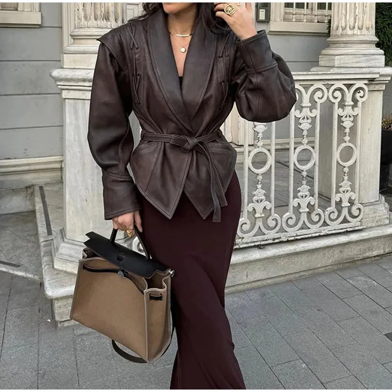 Women Elegant Solid Zipper Short Bomber Leather Chic Lapel Long Sleeves Cropped Jackets 2024 New Female Party Fashion Streetwear