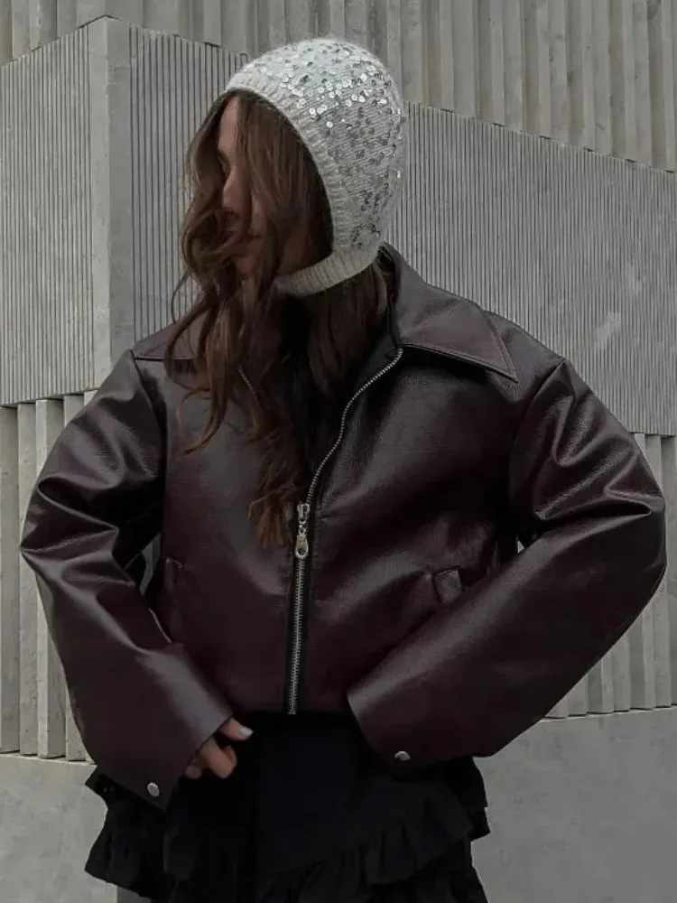 Women Elegant Solid Zipper Short Bomber Leather Chic Lapel Long Sleeves Cropped Jackets 2024 New Female Party Fashion Streetwear