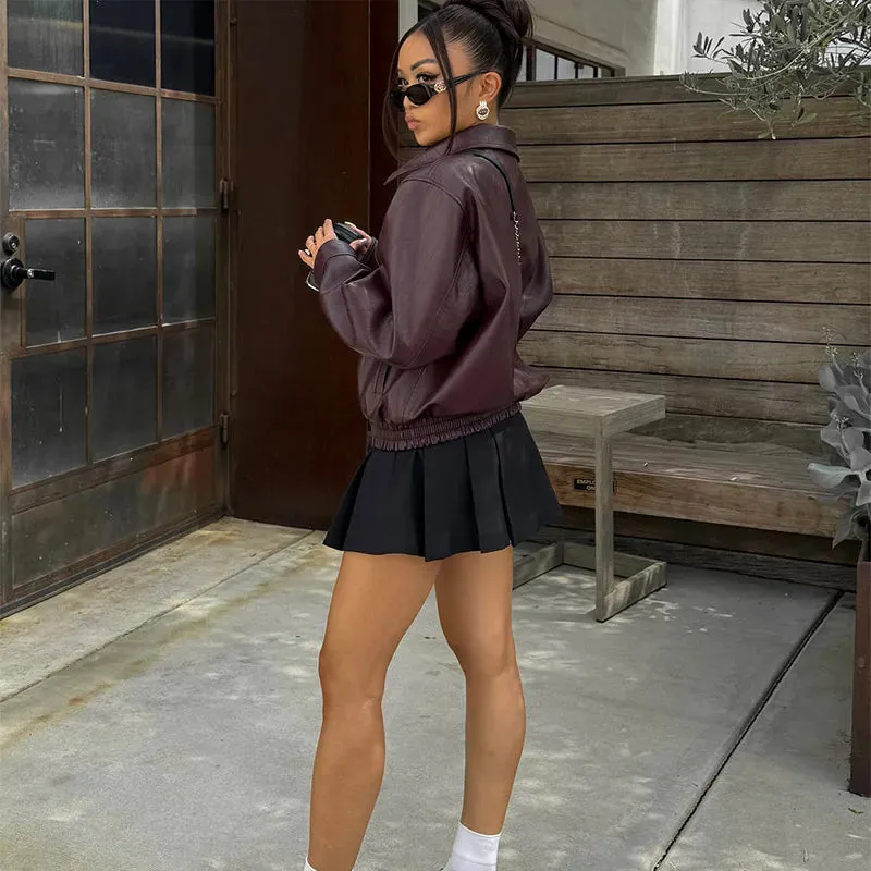 Women Elegant Solid Zipper Short Bomber Leather Chic Lapel Long Sleeves Cropped Jackets 2024 New Female Party Fashion Streetwear