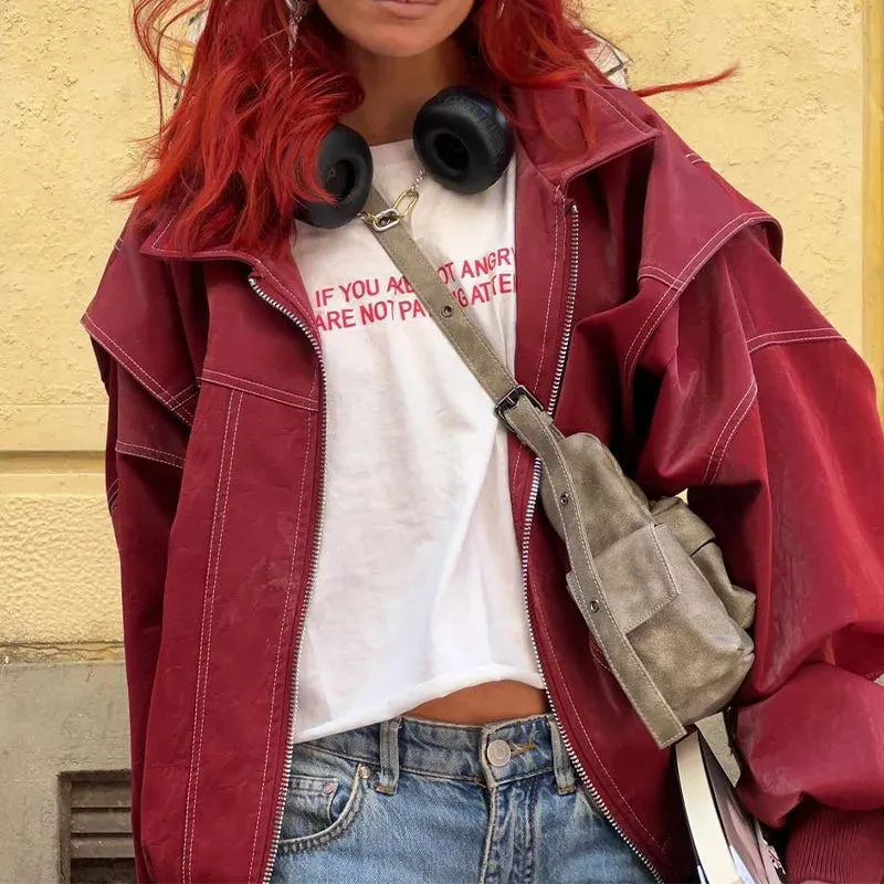 Women Elegant Solid Zipper Short Bomber Leather Chic Lapel Long Sleeves Cropped Jackets 2024 New Female Party Fashion Streetwear