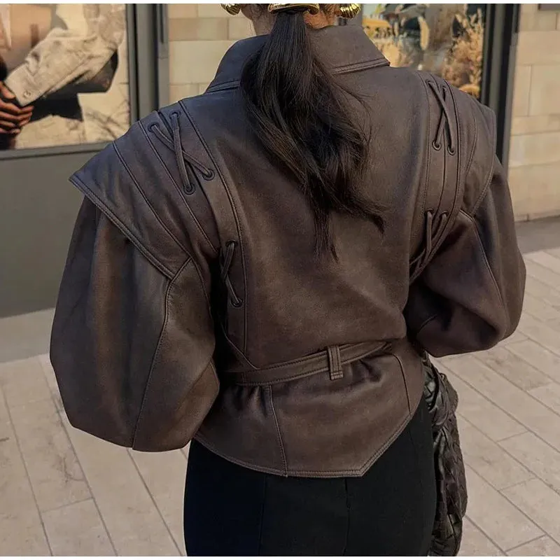 Women Elegant Solid Zipper Short Bomber Leather Chic Lapel Long Sleeves Cropped Jackets 2024 New Female Party Fashion Streetwear