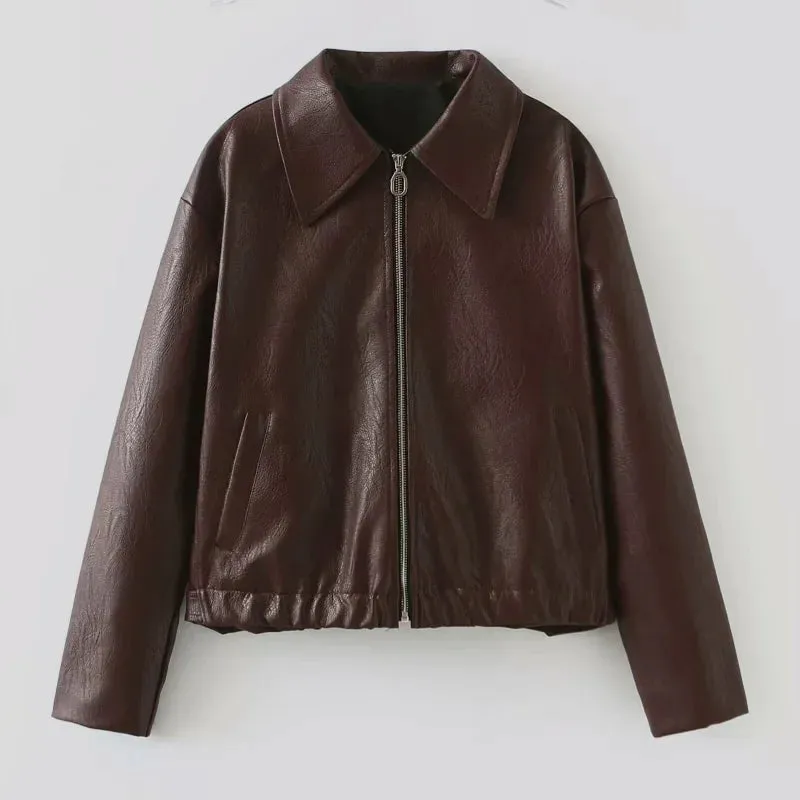 Women Elegant Solid Zipper Short Bomber Leather Chic Lapel Long Sleeves Cropped Jackets 2024 New Female Party Fashion Streetwear