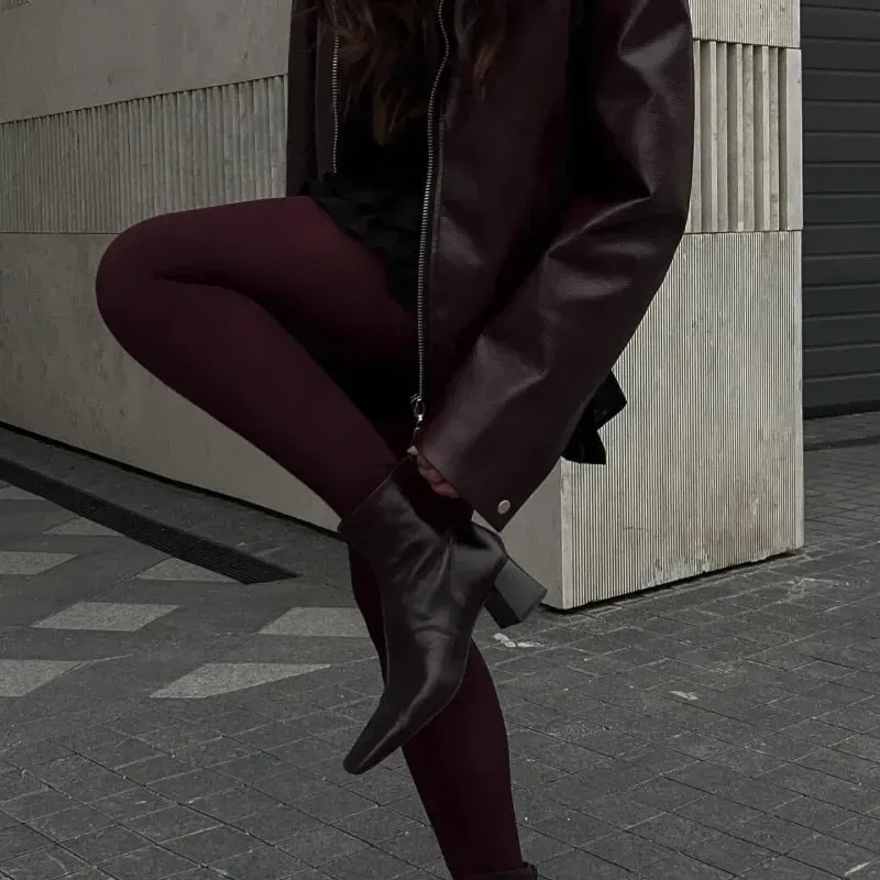Women Elegant Solid Zipper Short Bomber Leather Chic Lapel Long Sleeves Cropped Jackets 2024 New Female Party Fashion Streetwear