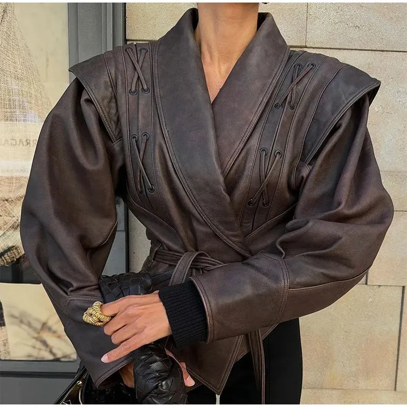 Women Elegant Solid Zipper Short Bomber Leather Chic Lapel Long Sleeves Cropped Jackets 2024 New Female Party Fashion Streetwear
