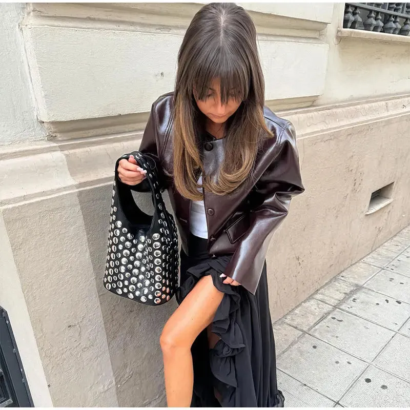 Women Elegant Solid Zipper Short Bomber Leather Chic Lapel Long Sleeves Cropped Jackets 2024 New Female Party Fashion Streetwear