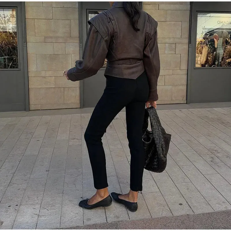 Women Elegant Solid Zipper Short Bomber Leather Chic Lapel Long Sleeves Cropped Jackets 2024 New Female Party Fashion Streetwear