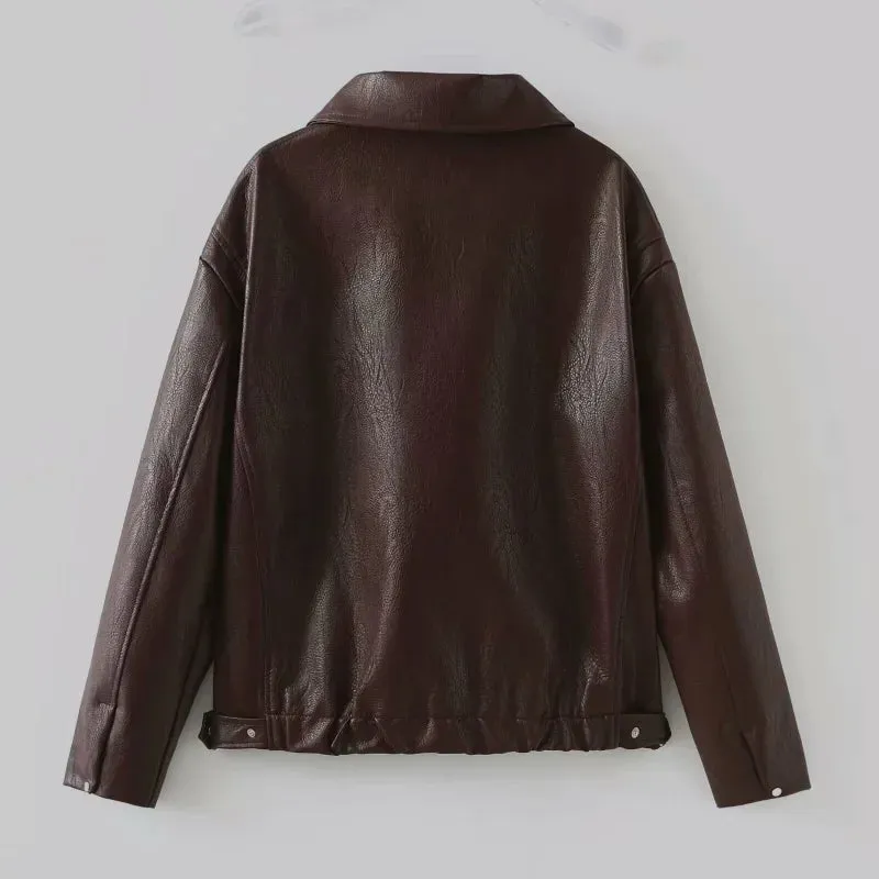 Women Elegant Solid Zipper Short Bomber Leather Chic Lapel Long Sleeves Cropped Jackets 2024 New Female Party Fashion Streetwear
