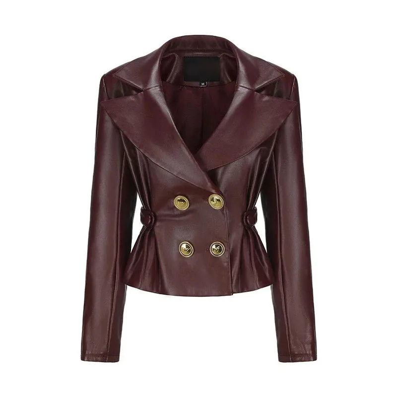Women Elegant Solid Zipper Short Bomber Leather Chic Lapel Long Sleeves Cropped Jackets 2024 New Female Party Fashion Streetwear