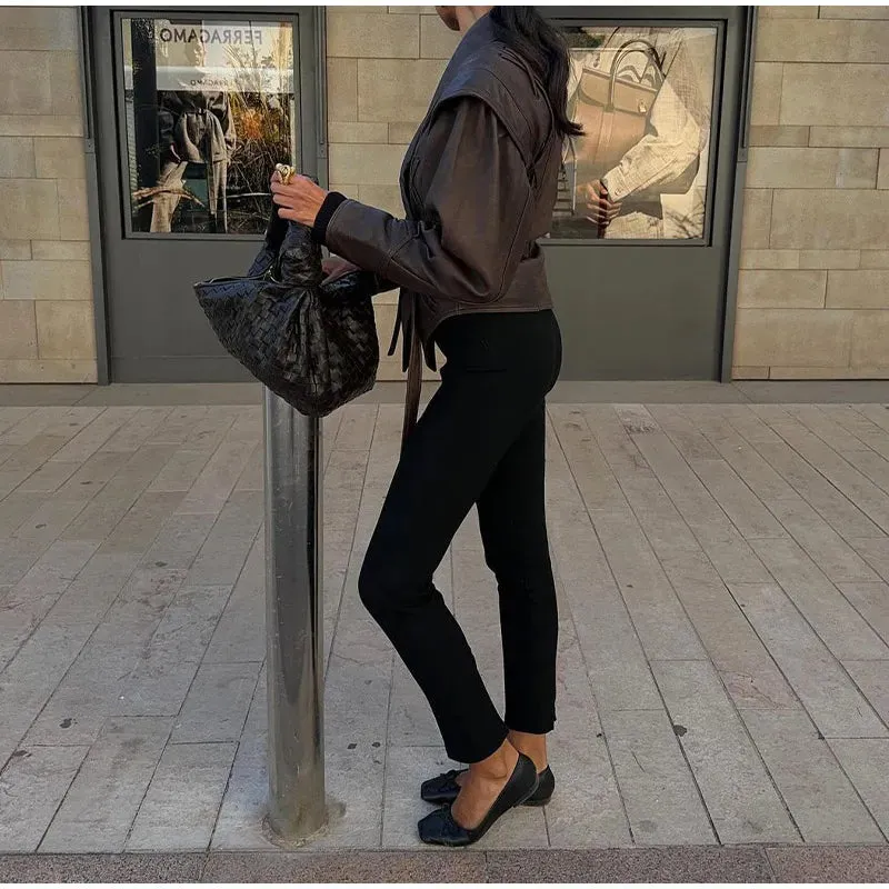 Women Elegant Solid Zipper Short Bomber Leather Chic Lapel Long Sleeves Cropped Jackets 2024 New Female Party Fashion Streetwear