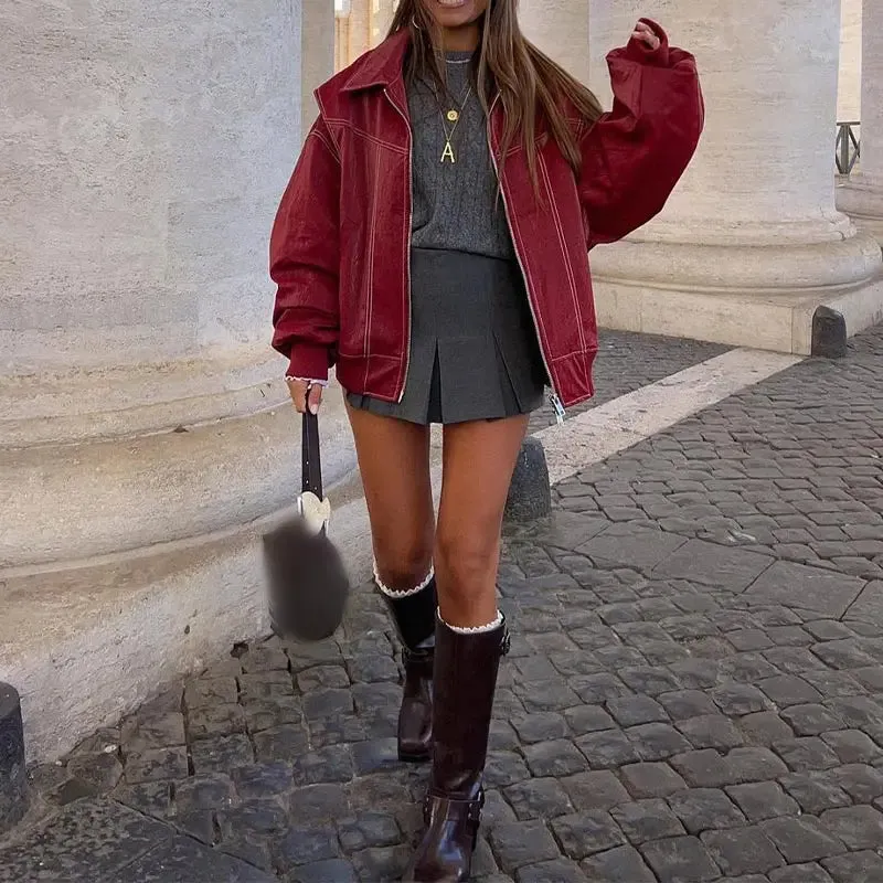 Women Elegant Solid Zipper Short Bomber Leather Chic Lapel Long Sleeves Cropped Jackets 2024 New Female Party Fashion Streetwear