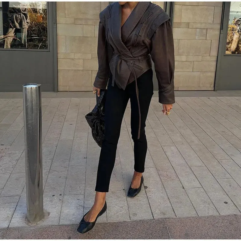 Women Elegant Solid Zipper Short Bomber Leather Chic Lapel Long Sleeves Cropped Jackets 2024 New Female Party Fashion Streetwear