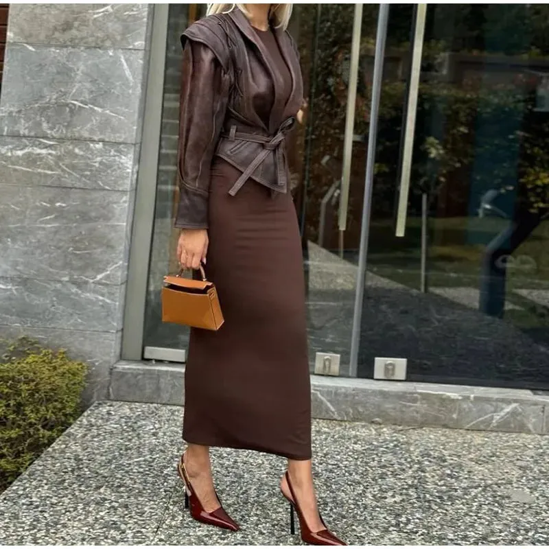 Women Elegant Solid Zipper Short Bomber Leather Chic Lapel Long Sleeves Cropped Jackets 2024 New Female Party Fashion Streetwear