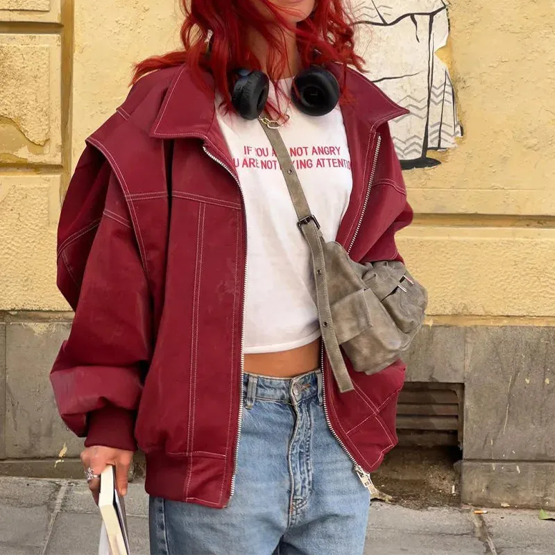 Women Elegant Solid Zipper Short Bomber Leather Chic Lapel Long Sleeves Cropped Jackets 2024 New Female Party Fashion Streetwear
