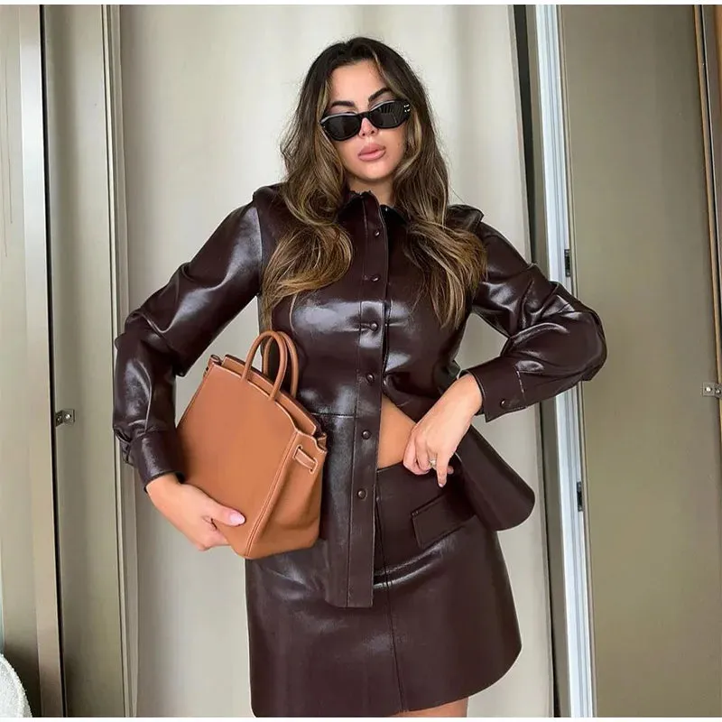 Women Elegant Solid Zipper Short Bomber Leather Chic Lapel Long Sleeves Cropped Jackets 2024 New Female Party Fashion Streetwear