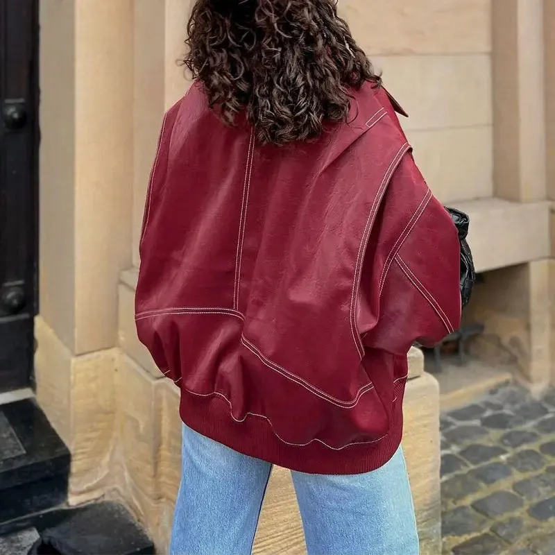 Women Elegant Solid Zipper Short Bomber Leather Chic Lapel Long Sleeves Cropped Jackets 2024 New Female Party Fashion Streetwear