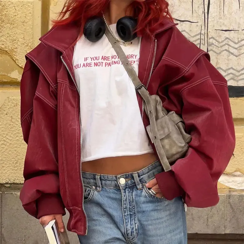 Women Elegant Solid Zipper Short Bomber Leather Chic Lapel Long Sleeves Cropped Jackets 2024 New Female Party Fashion Streetwear